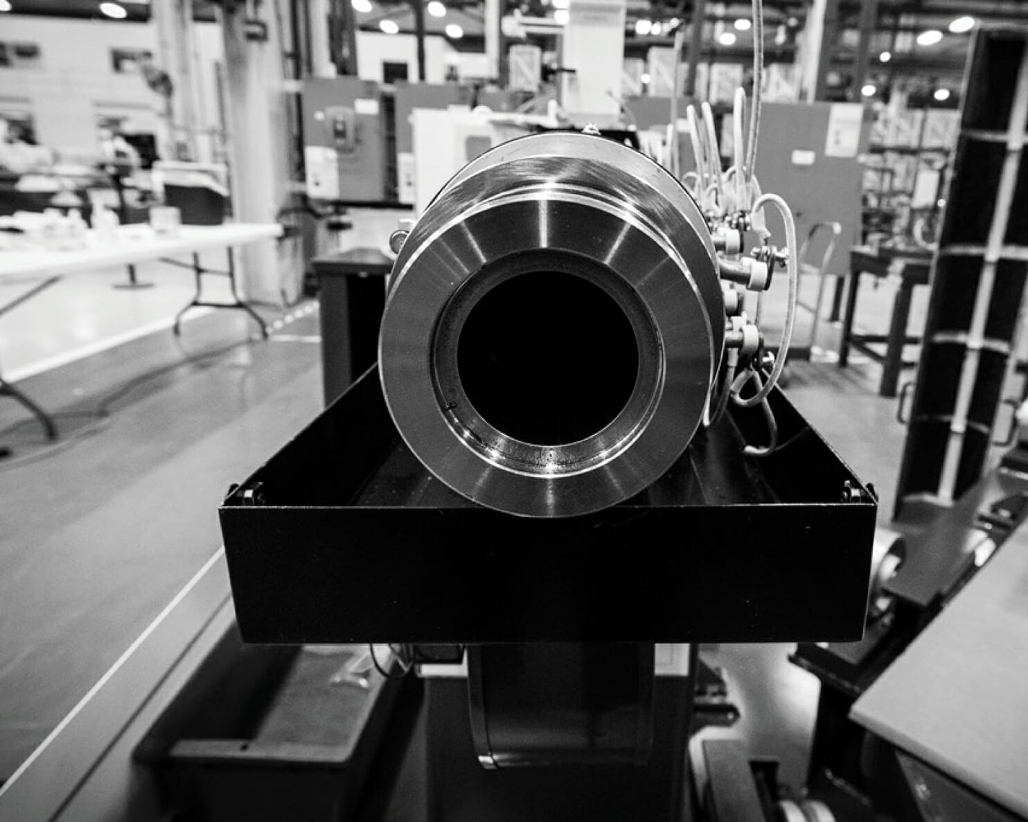 View down the extrusion barrel of Milacron's single screw plastic extruders.